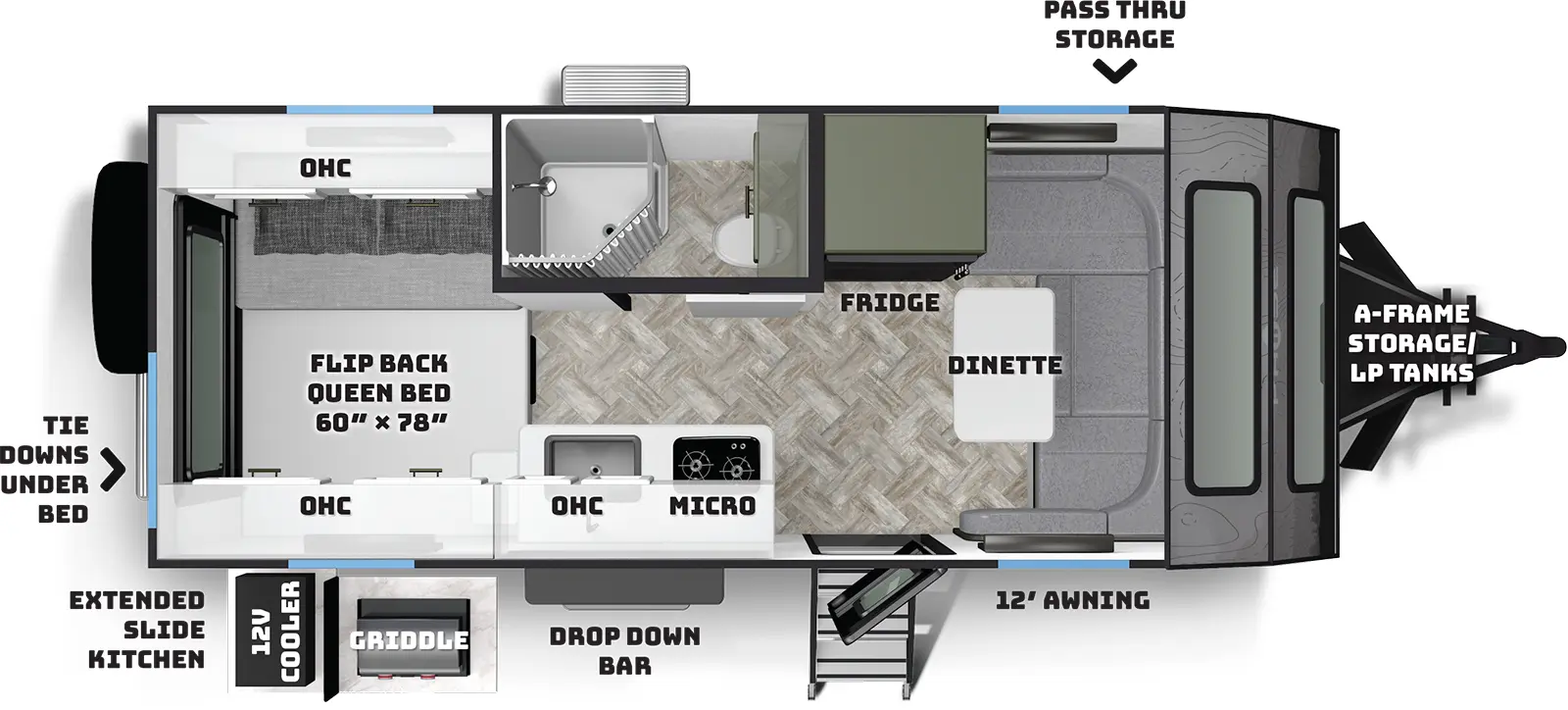 The XC16.4 has zero slideouts and one entry. Exterior features front a-frame storage/LP tanks, front pass thru storage, 12 foot awning, mid door side drop down bar, and rear door side extended slide kitchen with 12 volt cooler and griddle. Interior layout front to back: front dinette, off-door side refrigerator, and door side entry; off-door side bathroom with toilet, shower, and overhead cabinet only; door side kitchen counter with cooktop and sink with overhead cabinet and microwave above; rear side facing flip-back queen bed with opposing overhead cabinets, and tie downs under bed.